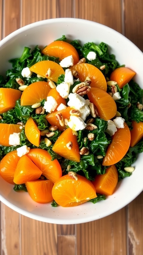 A colorful kale and orange salad with nuts and feta cheese on a rustic table.